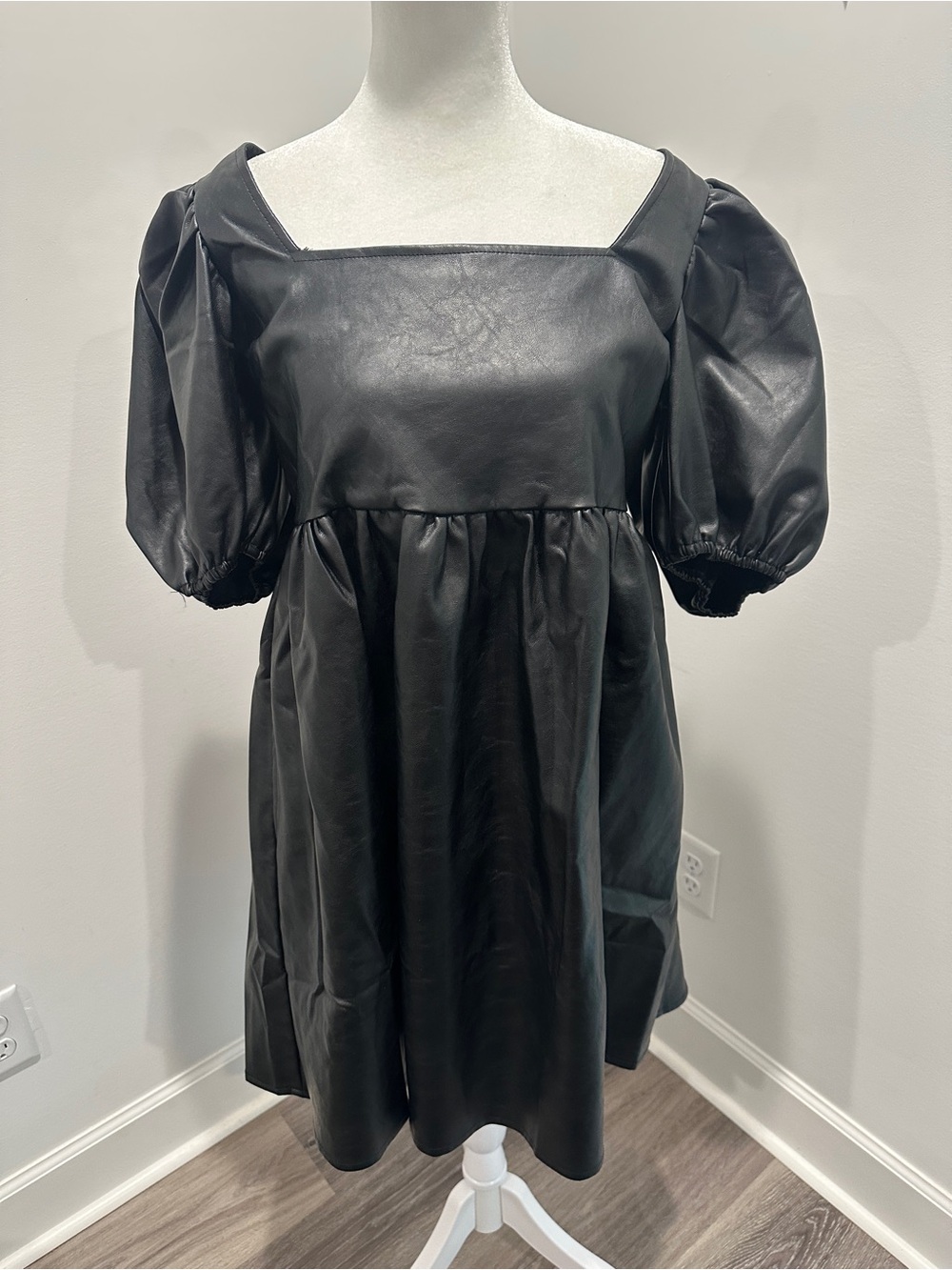 Black Faux Leather Puff-Sleeve Mini Dress